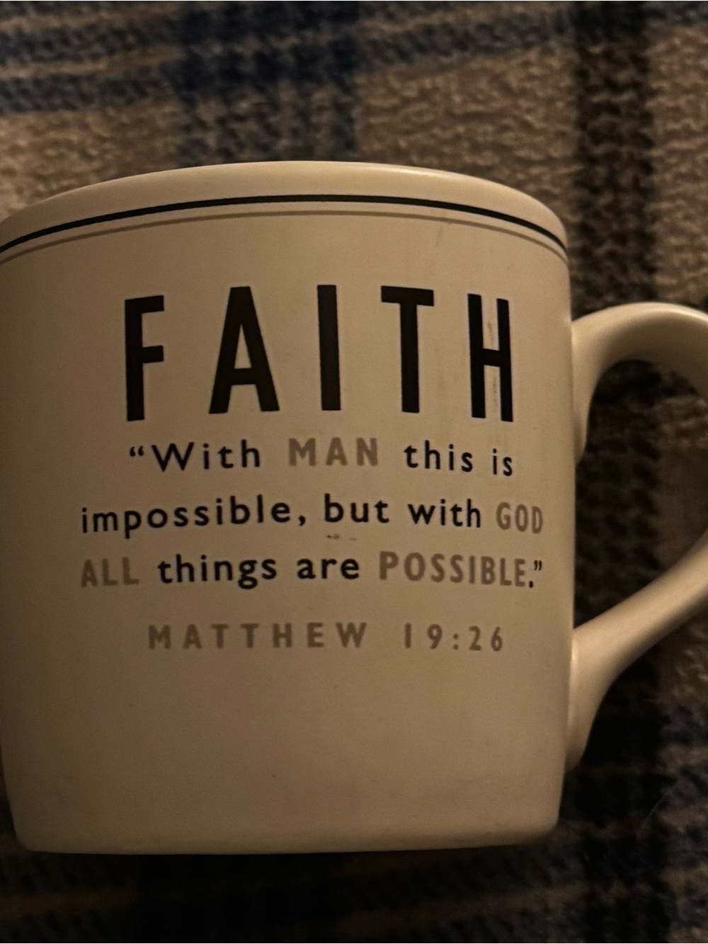 FAITH Ceramic Mug in Cream - Inspirational Matthew 19:26 Quote